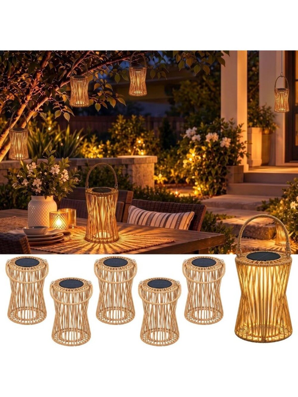 6 Pack Waterproof Solar Lanterns - Rattan Hanging Lights for Outdoor Decor, Boho